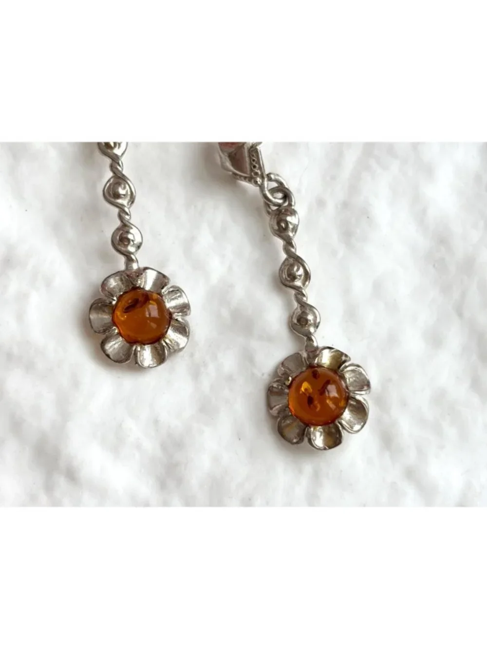Baltic Amber Sunflower Shaped Spiral Vintage Sterling Silver 925 Dangle Earrings